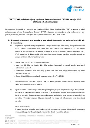 Oświadczenie o zgodności Comarch Optima 2012 z ustawą o rachunkowości